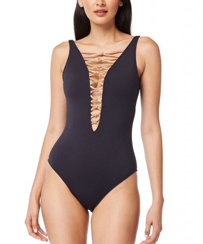 Lace-Down One-Piece Swimsuit Black $49.98 Swimsuits