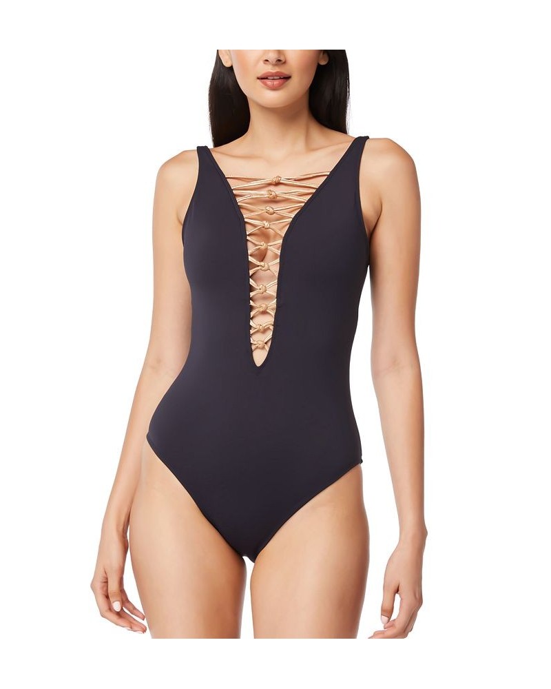 Lace-Down One-Piece Swimsuit Black $49.98 Swimsuits