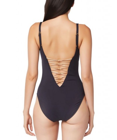 Lace-Down One-Piece Swimsuit Black $49.98 Swimsuits