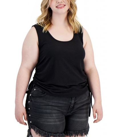 Trendy Plus Size Side Rushed Drawstring Tank Black $11.20 Tops