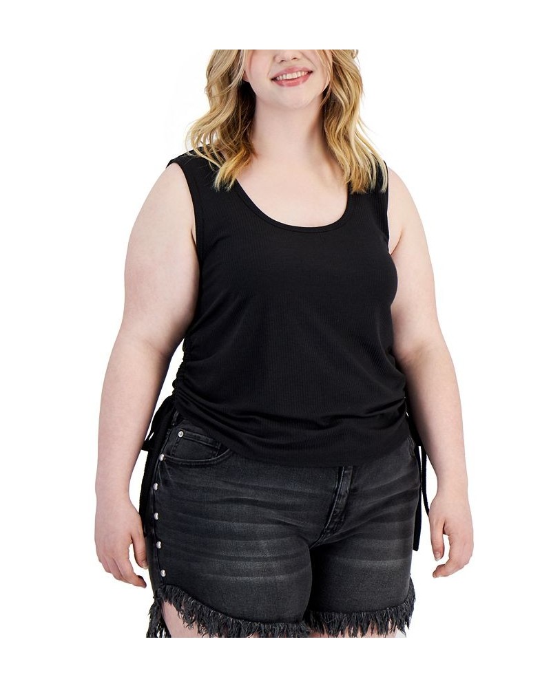 Trendy Plus Size Side Rushed Drawstring Tank Black $11.20 Tops