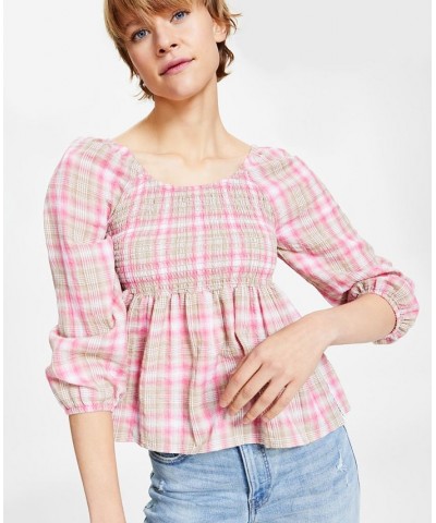 Women's Plaid Smocked Peplum Top Pink $25.26 Tops