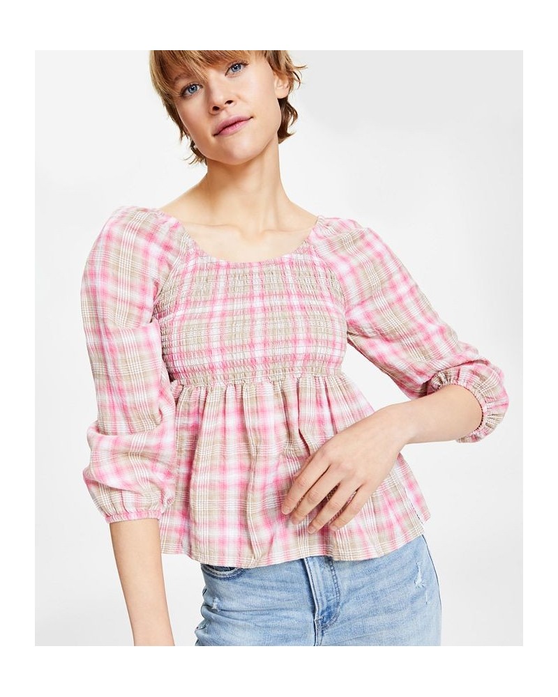 Women's Plaid Smocked Peplum Top Pink $25.26 Tops