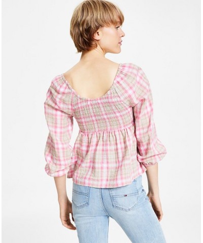 Women's Plaid Smocked Peplum Top Pink $25.26 Tops