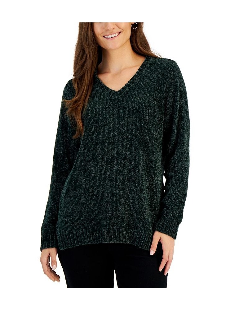 Women's V-Neck Chenille Sweater Forest Green $12.84 Sweaters