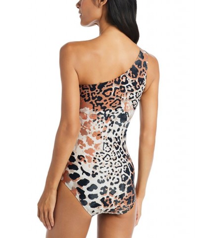 Women's Neutral Animal-Print One-Shoulder One-Piece Swimsuit With Mesh Cut-Outs Brown Multi $54.36 Swimsuits