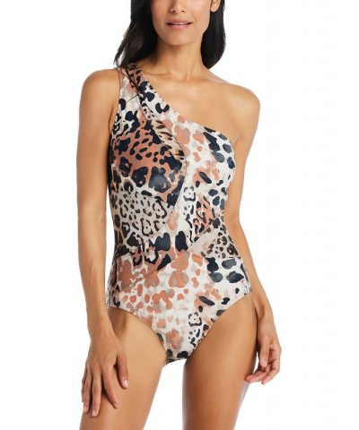 Women's Neutral Animal-Print One-Shoulder One-Piece Swimsuit With Mesh Cut-Outs Brown Multi $54.36 Swimsuits