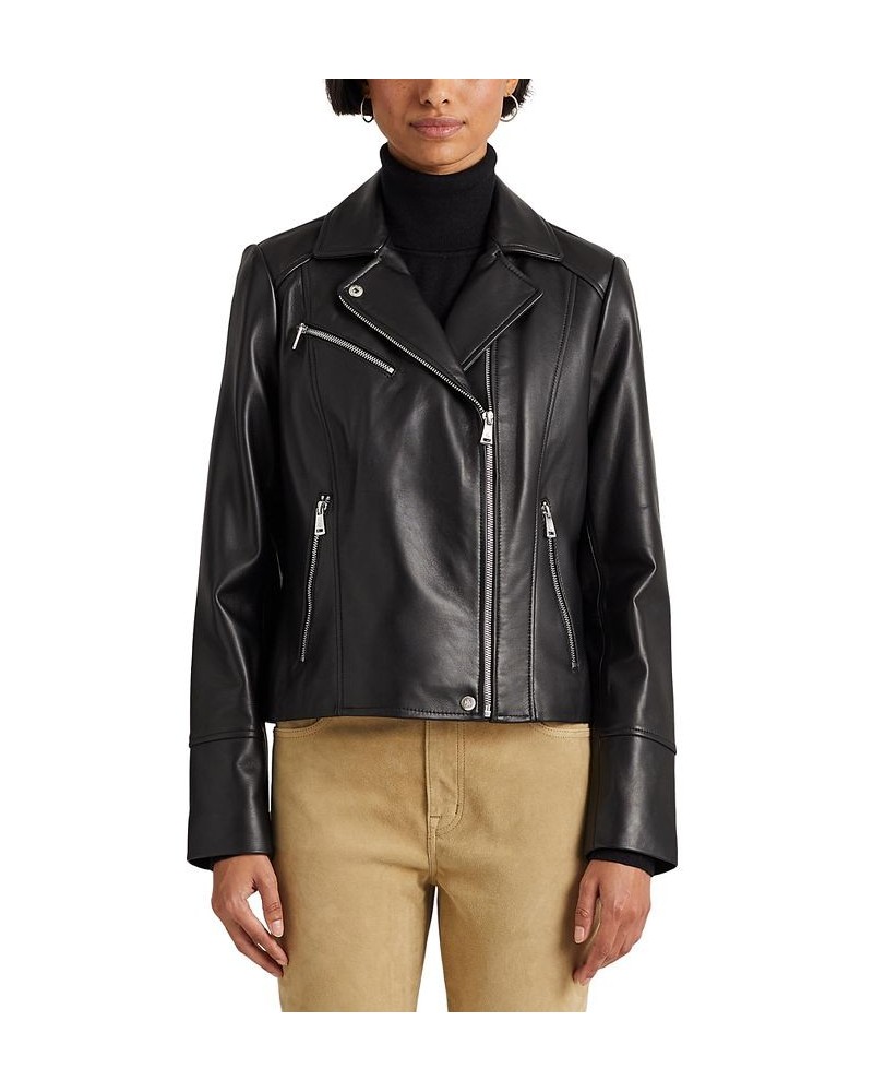 Petite Asymmetric Leather Moto Jacket Black $164.00 Coats