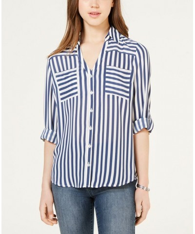 Juniors' Striped Button-Up Shirt Denim Stripe $22.54 Tops