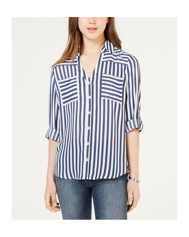 Juniors' Striped Button-Up Shirt Denim Stripe $22.54 Tops