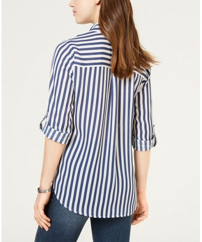 Juniors' Striped Button-Up Shirt Denim Stripe $22.54 Tops