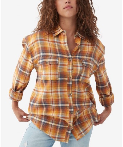 Juniors' Coat Check Cotton Flannel Shirt Cream $26.05 Tops