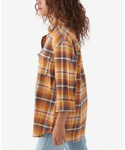 Juniors' Coat Check Cotton Flannel Shirt Cream $26.05 Tops