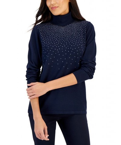 Women's Embellished Turtleneck Sweater Blue $14.30 Sweaters