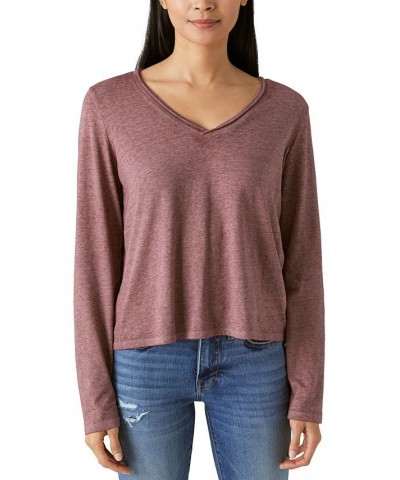 Women's Long-Sleeve V-Neck T-Shirt Brown $25.45 Tops