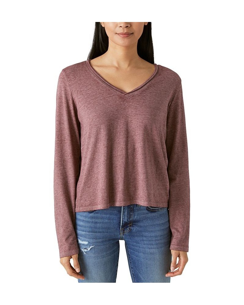 Women's Long-Sleeve V-Neck T-Shirt Brown $25.45 Tops