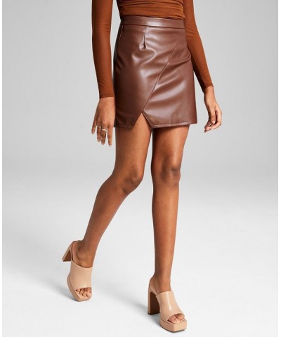 Women's Faux-Leather Slit-Front Mini Skirt Chocolate Brown $13.79 Skirts