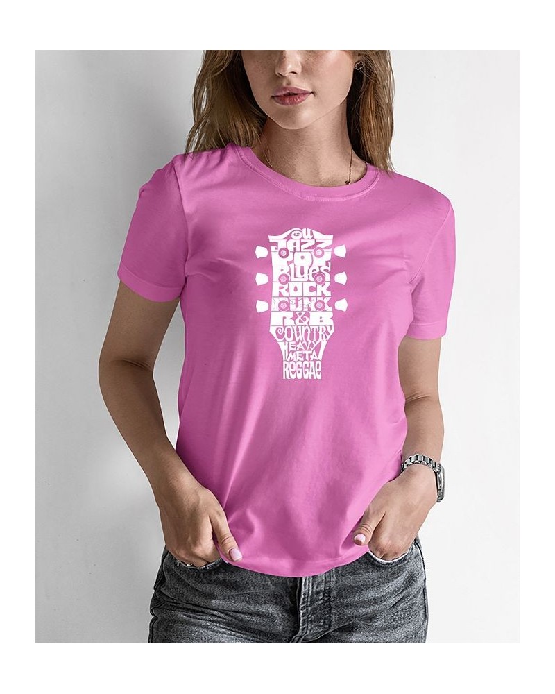 Women's Word Art Guitar Head Music Genres T-shirt Pink $18.19 Tops