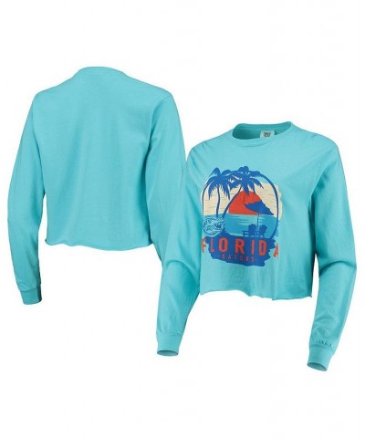 Women's Teal Florida Gators Palm Trees Sunset Long Sleeve Crop Top Teal $31.34 Tops