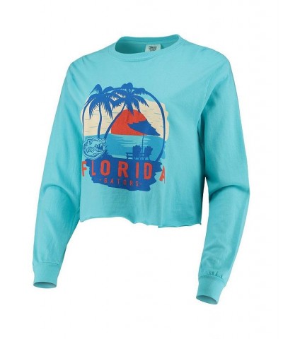 Women's Teal Florida Gators Palm Trees Sunset Long Sleeve Crop Top Teal $31.34 Tops