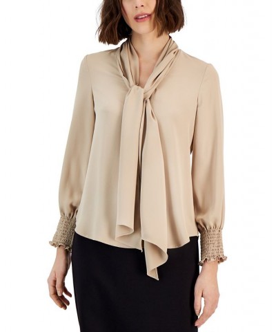 Women's Smocked-Cuff Tie-Neck Blouse Tan/Beige $31.92 Tops