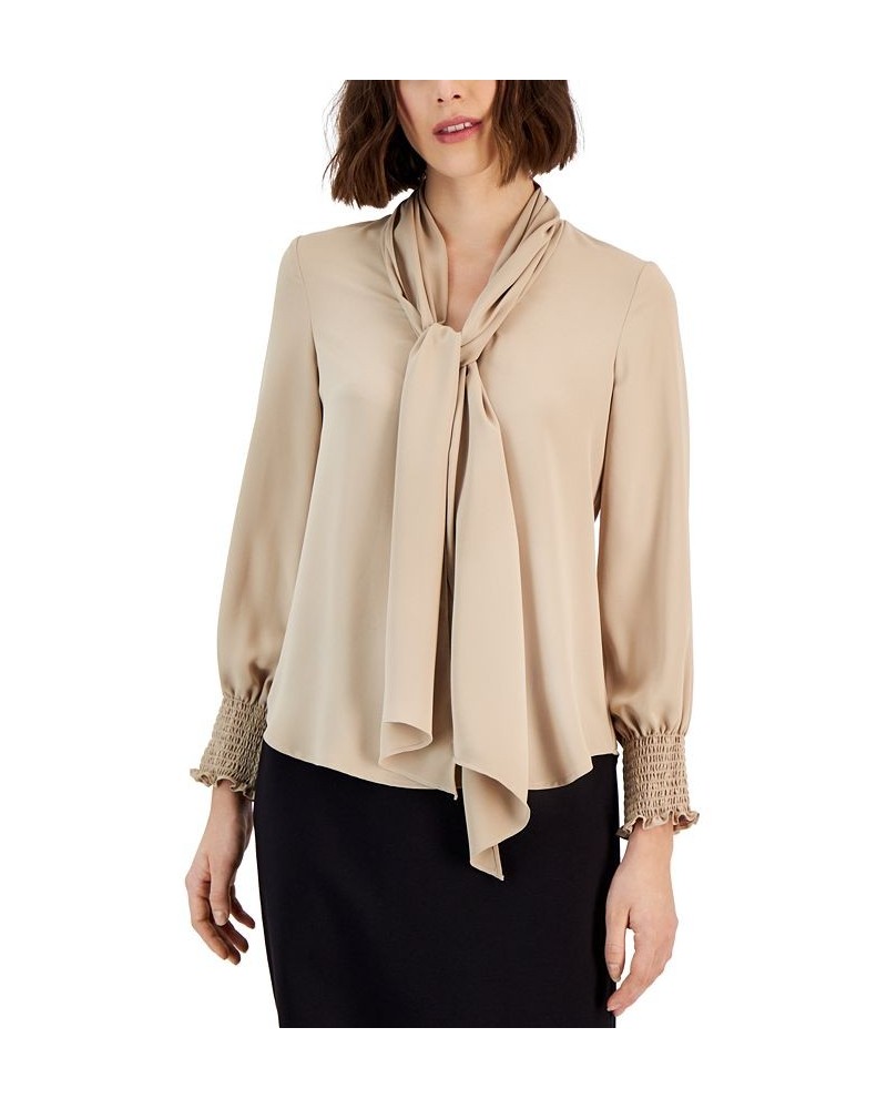 Women's Smocked-Cuff Tie-Neck Blouse Tan/Beige $31.92 Tops