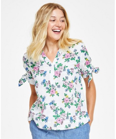 Women's Linen Floral Tie-Sleeve Top Bright White Combo $21.86 Tops