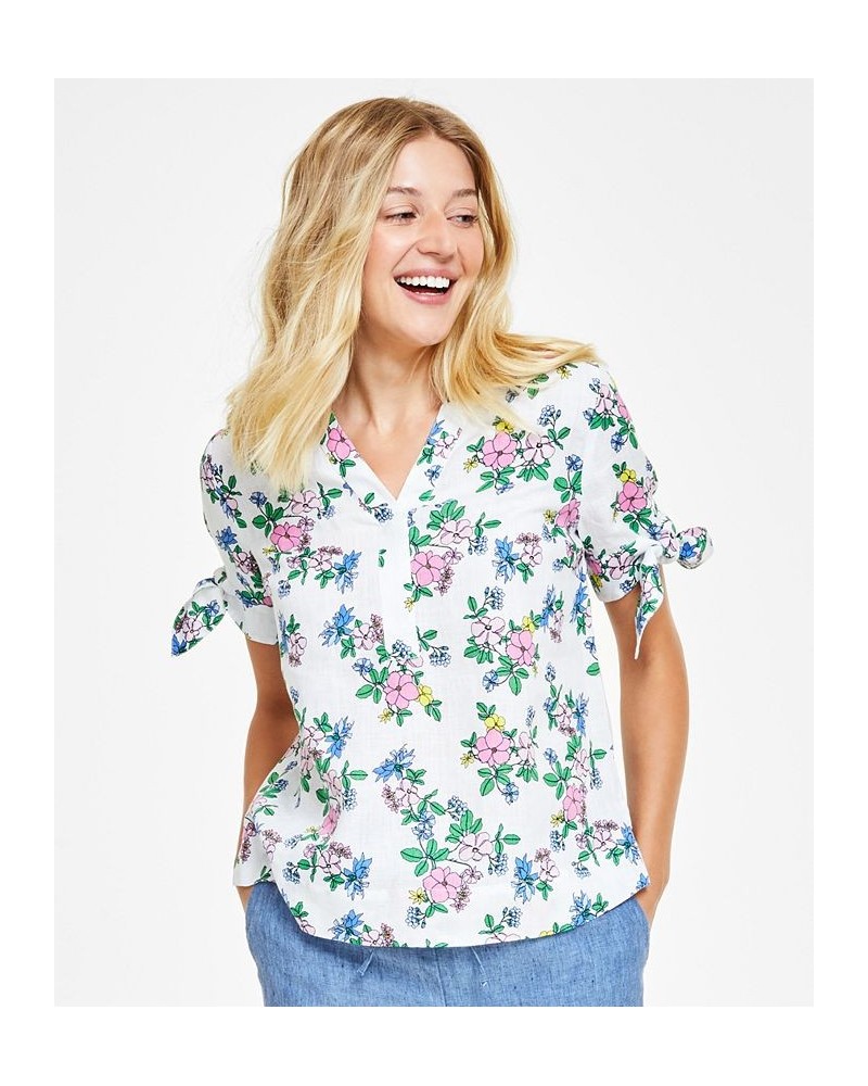 Women's Linen Floral Tie-Sleeve Top Bright White Combo $21.86 Tops