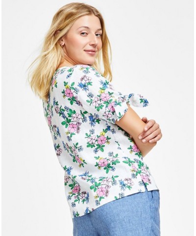 Women's Linen Floral Tie-Sleeve Top Bright White Combo $21.86 Tops