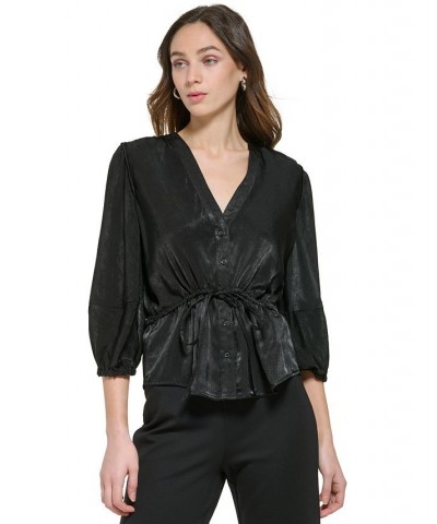 Women's V-Neck 3/4-Sleeve Button-Front Blouse Black $49.05 Tops