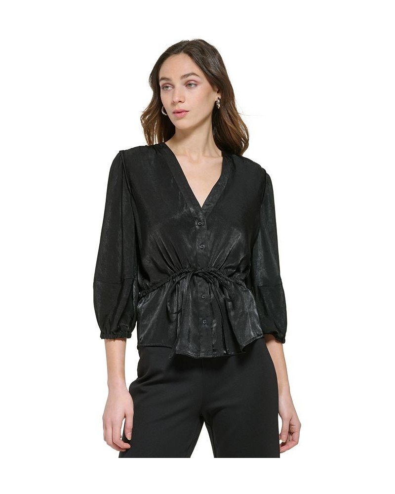 Women's V-Neck 3/4-Sleeve Button-Front Blouse Black $49.05 Tops