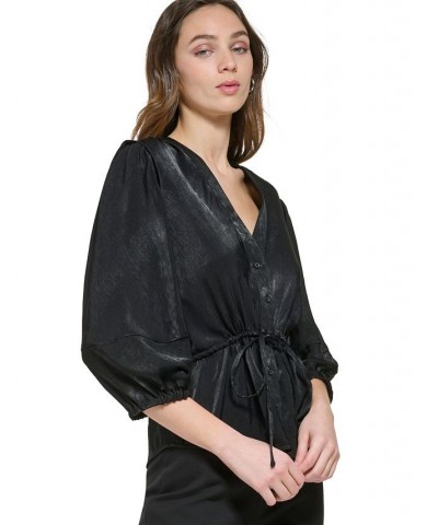 Women's V-Neck 3/4-Sleeve Button-Front Blouse Black $49.05 Tops