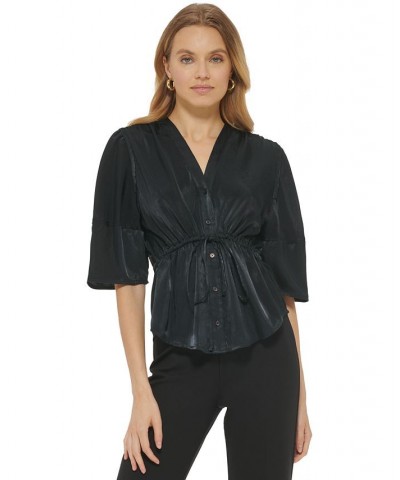 Women's V-Neck 3/4-Sleeve Button-Front Blouse Black $49.05 Tops