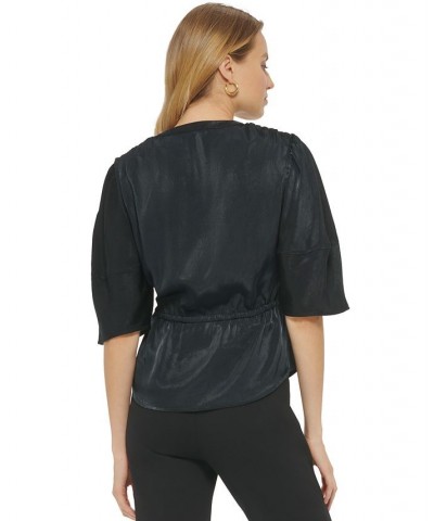 Women's V-Neck 3/4-Sleeve Button-Front Blouse Black $49.05 Tops