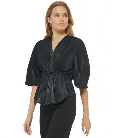 Women's V-Neck 3/4-Sleeve Button-Front Blouse Black $49.05 Tops