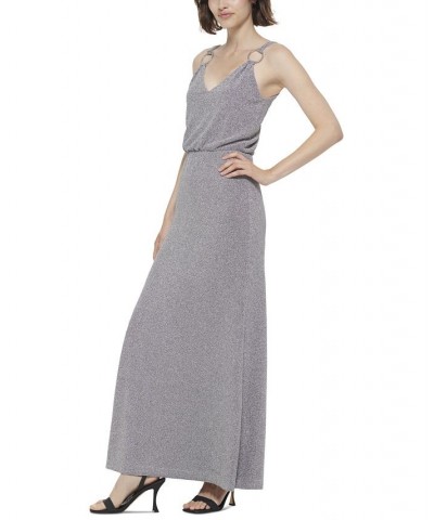 Women's Ring-Embellished Metallic Gown Silver $103.05 Dresses