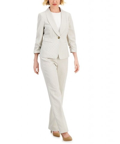 Women's Striped Ruched-Sleeve Pant Suit Regular and Petite Sizes White $39.60 Suits