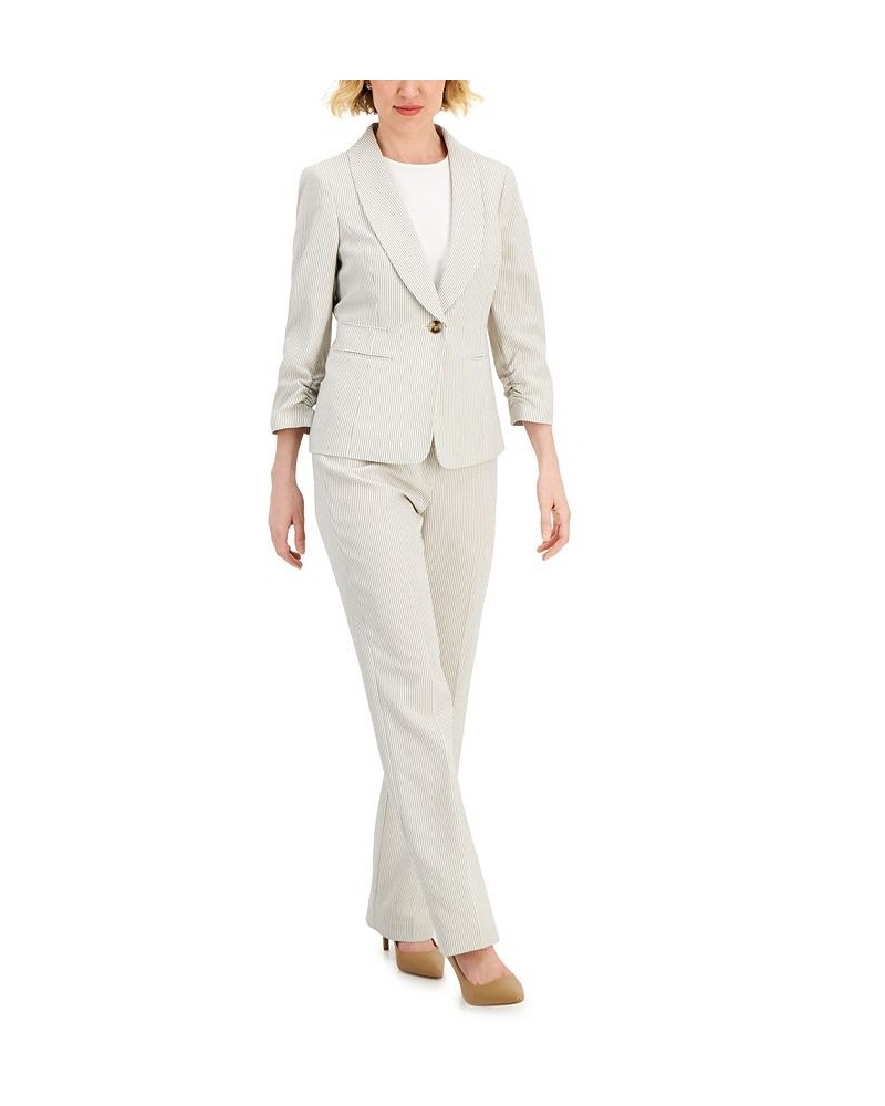 Women's Striped Ruched-Sleeve Pant Suit Regular and Petite Sizes White $39.60 Suits