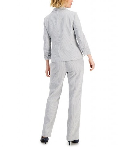 Women's Striped Ruched-Sleeve Pant Suit Regular and Petite Sizes White $39.60 Suits