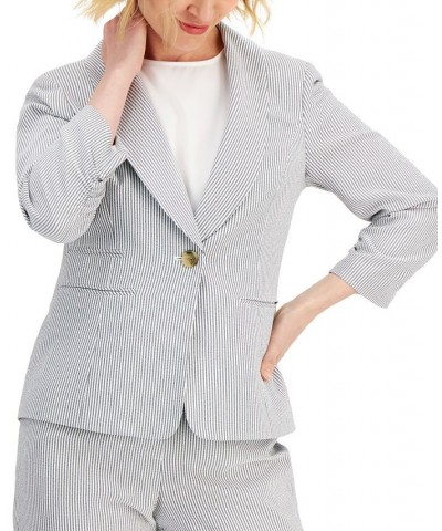 Women's Striped Ruched-Sleeve Pant Suit Regular and Petite Sizes White $39.60 Suits