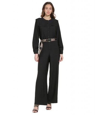 Women's Button-Front Logo-Belt Wide-Leg Jumpsuit Black $69.96 Pants