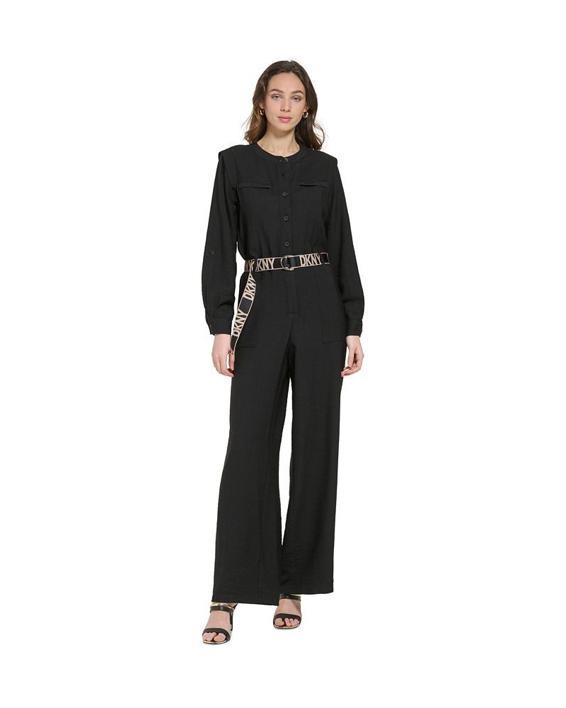 Women's Button-Front Logo-Belt Wide-Leg Jumpsuit Black $69.96 Pants