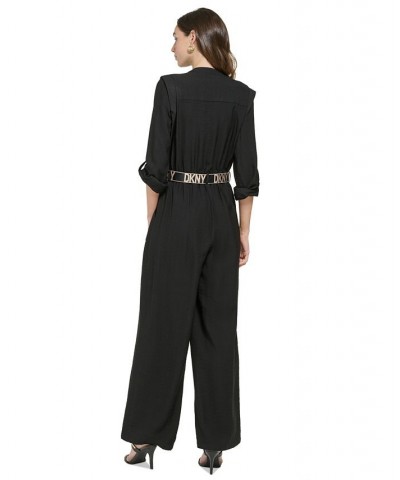 Women's Button-Front Logo-Belt Wide-Leg Jumpsuit Black $69.96 Pants