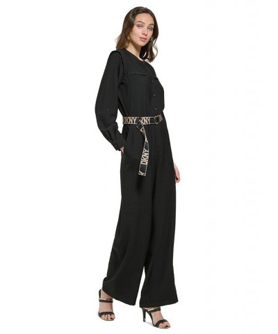 Women's Button-Front Logo-Belt Wide-Leg Jumpsuit Black $69.96 Pants