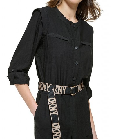 Women's Button-Front Logo-Belt Wide-Leg Jumpsuit Black $69.96 Pants