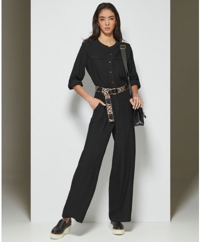 Women's Button-Front Logo-Belt Wide-Leg Jumpsuit Black $69.96 Pants