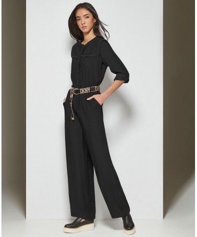 Women's Button-Front Logo-Belt Wide-Leg Jumpsuit Black $69.96 Pants