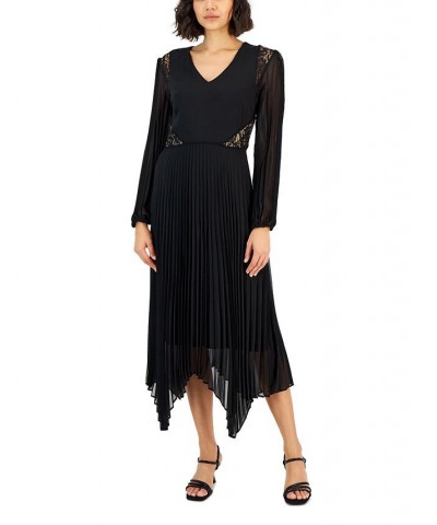 Women's Lace-Trim Pleated Fit & Flare Dress Black $29.78 Dresses