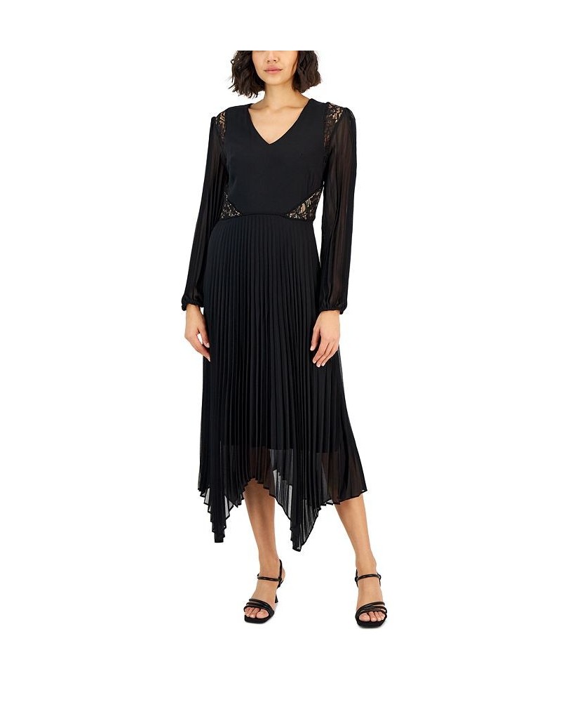 Women's Lace-Trim Pleated Fit & Flare Dress Black $29.78 Dresses