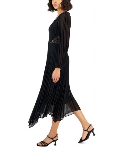 Women's Lace-Trim Pleated Fit & Flare Dress Black $29.78 Dresses